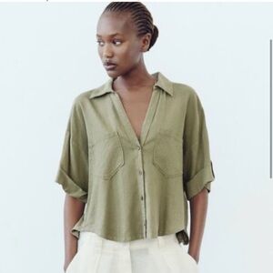 Zara Khaki Green button down short sleeve shirt